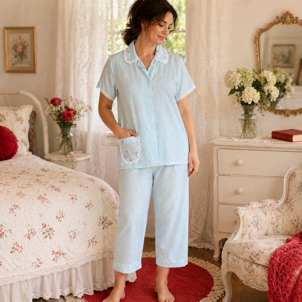 60s Katz Baby Blue Pajama Set Lace Trim Floral Sleepwear - M